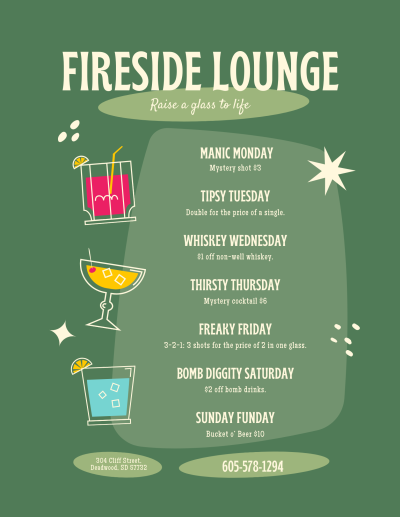 Fireside Lounge drink specials